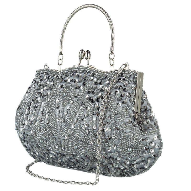 VISTATROY Floral Designer Evening Bag Beaded Sequin Design Vintage Kissing Lock Satin Clutch Purse Bag Wedding Party Clutch - Image 2